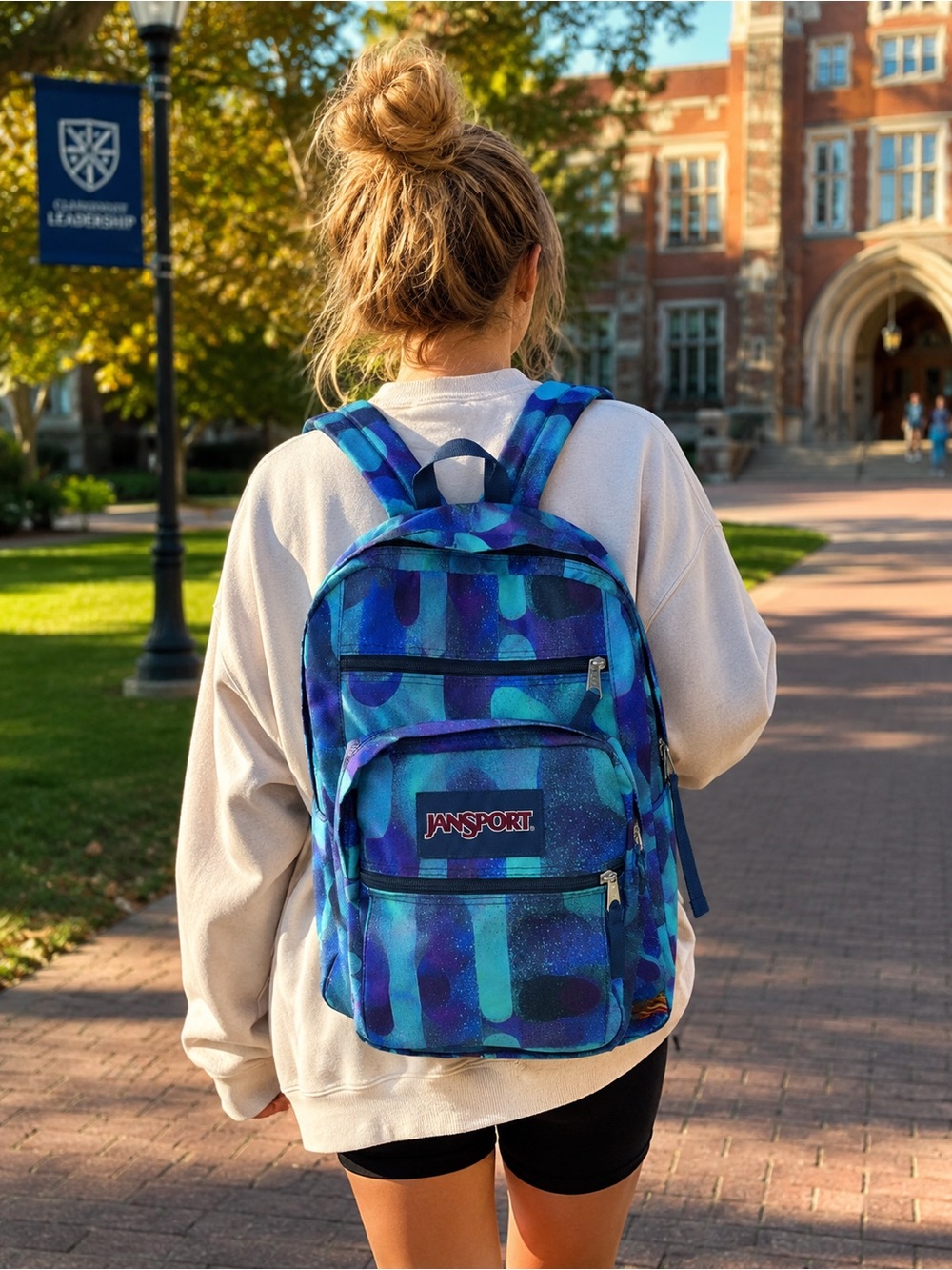 JanSport Backpack Blue Teal Geometric Print School Travel Laptop Bookbag EUC